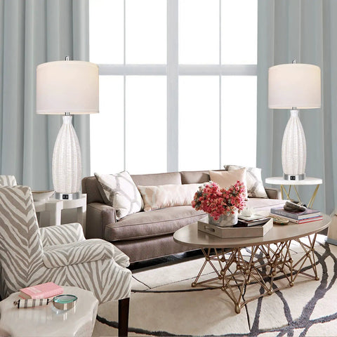 Living room with two 27 Inch Ceramic Table Lamp Set Of 2 With USB Port 3 Color Temperature White Rattan Texture Tall Lamps on end tables