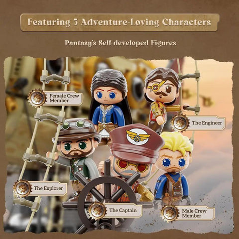 Steampunk Airship Model Kit For Grownups Dual Layer Zeppelin With Gear Driven Mechanical System DIY Building Blocks Set Retro Sci Fi Construction Toy For Collectors And Display featuring five crew figures