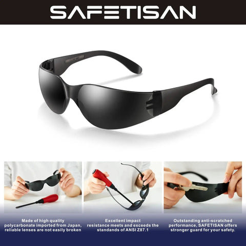 Bulk 48 Pack Tinted Safety Glasses With Smoke Lenses, UV Protection, and Scratch-resistant Polycarbonate, ideal for outdoor work.