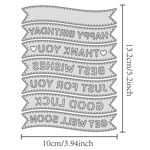 Banner Sentiment Scrapbooking Die Cuts Set with Layered Stitching Frame Dies for card making, showing 7 metal dies with phrases.