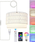 Smart Plug In Pendant Lamp With Remote Control And App, woven paper shade, 15ft cord, RGB bulb, ideal for modern spaces.