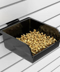 Black plastic bin mounted on slatwall containing brass items, part of 12 Pack Slatwall Bins With Hooks Set Plastic Slatwall Organizer Bins And Metal Slatwall Hooks For Garage Tool Shed Craft Room Hobby Storage DIY Ready And Stackable