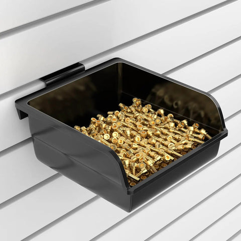 Black plastic bin mounted on slatwall containing brass items, part of 12 Pack Slatwall Bins With Hooks Set Plastic Slatwall Organizer Bins And Metal Slatwall Hooks For Garage Tool Shed Craft Room Hobby Storage DIY Ready And Stackable