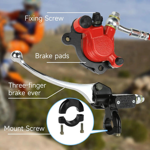 Beefed-Up Mini Bike Hydraulic Disc Brake Kit showing caliper, brake pads, and master cylinder for Baja DB30 Doodle Bug Blitz