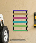 Straight Up Solid Metal Wall Mount Vinyl Holder Rack Stores Six Rolls With Adjustable Brackets For Zero Hassle Shop Organization And Super Smooth Storage displayed on wall with colorful rolls.