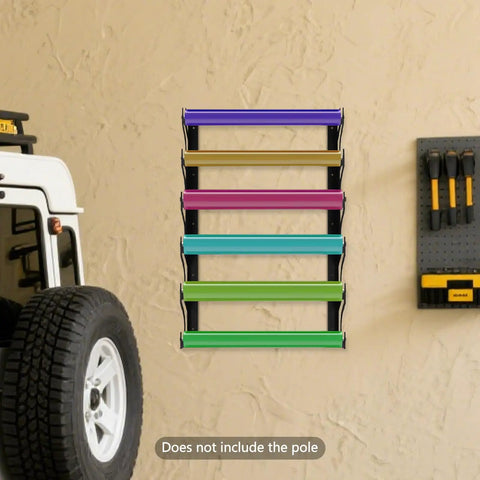Straight Up Solid Metal Wall Mount Vinyl Holder Rack Stores Six Rolls With Adjustable Brackets For Zero Hassle Shop Organization And Super Smooth Storage displayed on wall with colorful rolls.