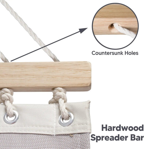 Close-up of 55 inch hardwood spreader bar with countersunk holes for Two Person Hammock For Poolside And Backyard Use Heavy Duty 450 Lbs