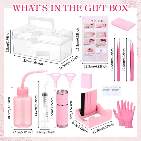 Snow Globe DIY Tumbler Tool Kit For Beginners with 15 Piece Essentials and Storage Box Pink layout displaying included tools