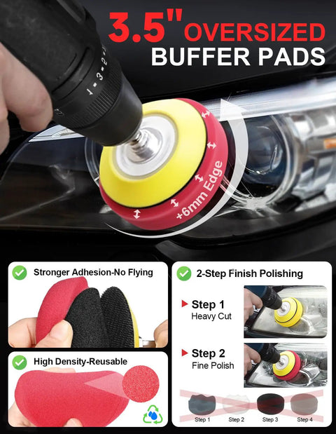 Dope Drill Sanding Attachment Kit with 3.5-inch buffer pad attached to a drill polishing car headlight surface