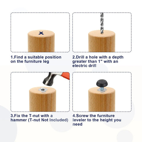 Installation steps for Fifty Piece Adjustable Furniture Feet Set With Five Sixteenth Inch Thread Galvanized Iron Screw On Levelers