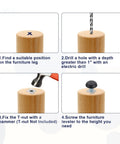 Installation steps for 30 Piece Adjustable Furniture Feet Set With M6 Thread Levelers on a wooden leg.