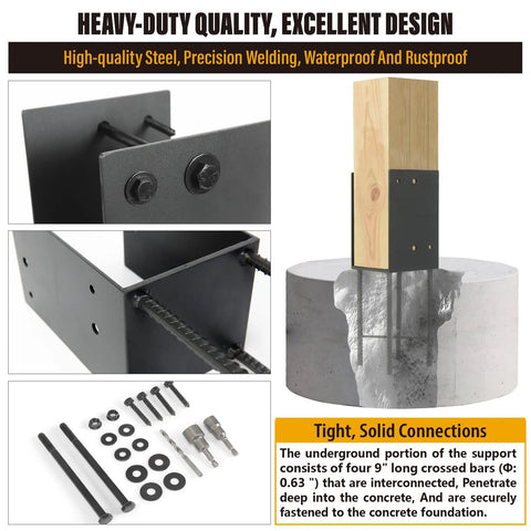 Heavy Duty Stainless Steel U Shape Post Holder For Concrete Use 6x6 Inch Actual 5.5x5.5 Inch Post Base Bracket For Fence Deck Railing Gazebo Pergola 4 Pack Dark Gray shown with bolts and rebar in concrete