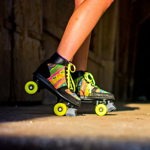Person wearing vibrant roller skates with neon wheels, featuring Roller Skate Toe Stops And Plugs Set With Screws Pro Grade Wear Resistant