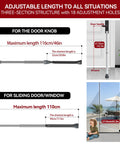 AceMining adjustable door security bar for knob or sliding door; grey metal rod; max lengths 116 cm and 110 cm.