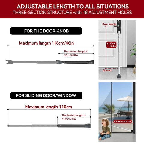 AceMining adjustable door security bar for knob or sliding door; grey metal rod; max lengths 116 cm and 110 cm.