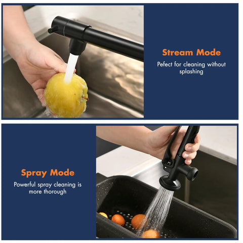 GIMILI Matte Black Commercial Kitchen Faucet with Pull Down Sprayer in stream mode washing a yellow lemon and spray mode cleaning vegetables.