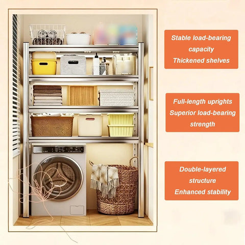 Built Tough Stainless Steel Washer Shelf With Adjustable Multi Tier Layout For Heavy Duty Laundry Game Changer And Reliable Over Dryer Storage Flex Rack Unit filled with laundry baskets and towels.