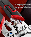 Close-up of Pro Grade Wire Stripper and Crimping Pliers Kit for Electricians, showing crimping function and ergonomic handle.