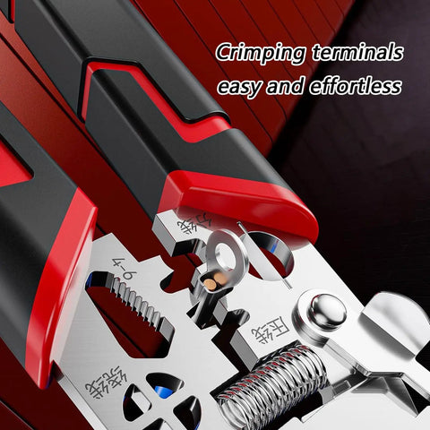 Close-up of Pro Grade Wire Stripper and Crimping Pliers Kit for Electricians, showing crimping function and ergonomic handle.