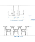 Diagram showing chandelier dimensions over 16x16 table setup