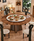 Heavy Duty Sintered Stone Lazy Susan Silent Rotating Serving Tray For Kitchen Table Gamechanger Round Centerpiece With Slick Smooth Spin And No Hassle White Finish Upgrade with food on a wooden dining table.