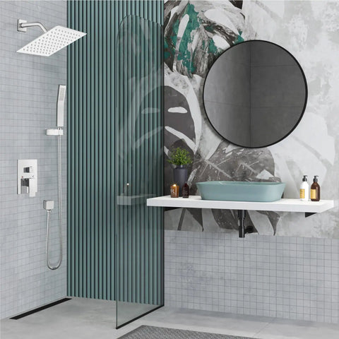 Bathroom with Polished Chrome Rain Shower System with 8-Inch Square Rain Shower Head, Wall-Mount Design, Handheld Sprayer