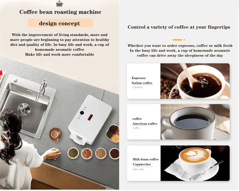 Electric Coffee And Nut Roaster Machine 1600 Watt Automatic Stirring Non Stick Pan Adjustable Temperature Timer for beans and coffee preparation.