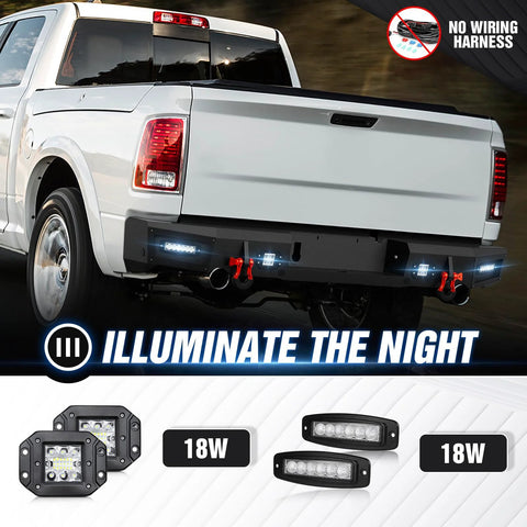 YZONA Ram 1500 rear step bumper with 4x18W LEDs, license plate lights, D-rings and sensor holes