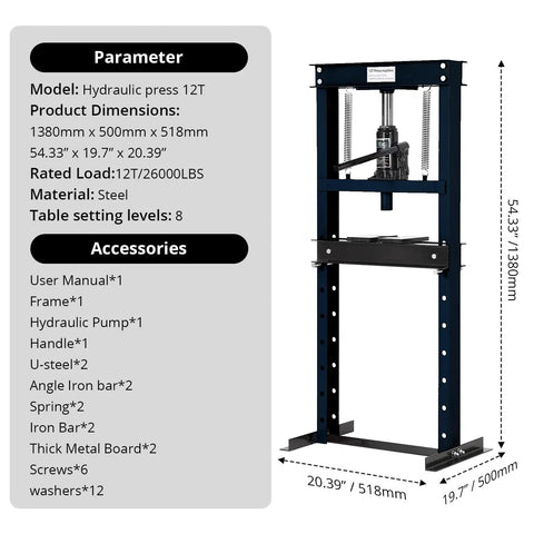 Beefy 12 Ton Hydraulic Press For Metalworking And Auto Repairs With H Frame Adjustable Work Table Stamping Plates Built In Safety Valve