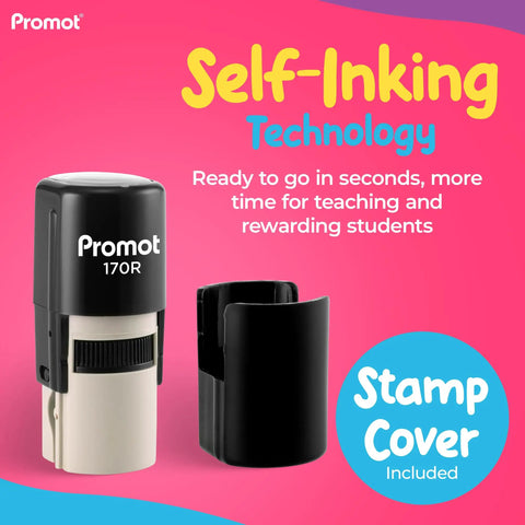Smiley Face Red Self Inking Stamp Set for Teachers, Round Rubber Stamp for Grading and Feedback shown with stamp cover
