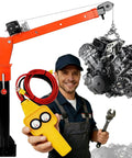 Beefy Electric Pickup Truck Crane With 1800 Lbs Lift Folding Truck Bed Crane And 2500 Lbs 12V Winch lifting an engine