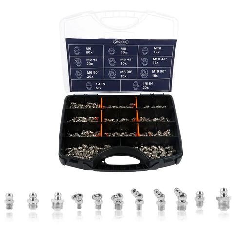 270 Piece Galvanized Grease Zerk Fitting Kit With Imperial And Metric Range, organized in storage box with fittings displayed in front.