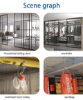 Scene graph showing applications of four-wheel light duty trolley assembly, including sliding door, wardrobe, track trolley, and sandbag setup.