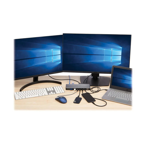 Slick Thunderbolt 4 Docking Station For Laptops Drives Dual Screens With 8K 60Hz Or 4K 144Hz with dual monitors, keyboard, mouse, and laptop setup.