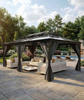 All Weather 12x16 Ft Hardtop Gazebo With Aluminum Frame And Double Polycarbonate Roof on patio with furniture, netting, curtains