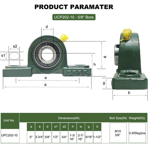2 Pack UCP202-10 Pillow Block Bearings 5 8 Inch Bore mounted housing with cast iron base and measurements visible.