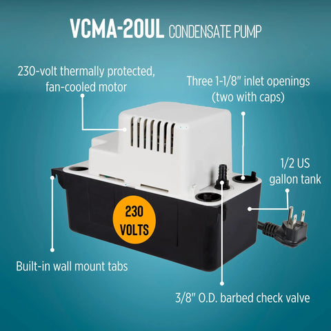 VCMA-20UL 230V Automatic Condensate Removal Pump For HVAC Refrigeration And Dehumidifiers With No Fuss Install, front view.