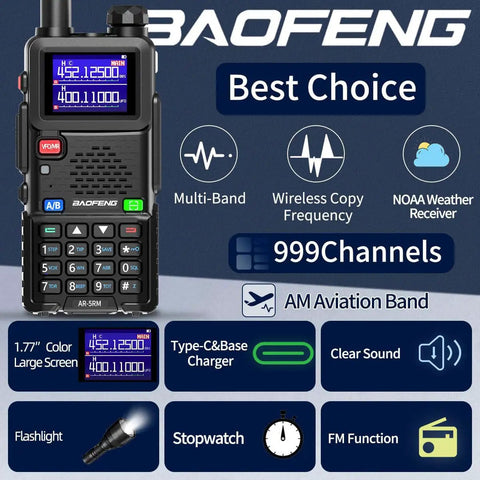 Long Range Handheld Two Way Radio 10W Rechargeable With NOAA Weather Emergency Mode showing 1.77-inch screen and buttons