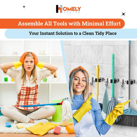 Heavy Duty Wall Mount Broom And Mop Holder With 3 Tier Racks And 4 Hooks 17 Inch Stainless Steel Organizer in use in laundry room