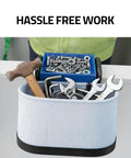 Blue Hard Hat Lineman Bucket Tray With Slick Patented Ramp And Magnetic Holder For Bucket Truck Lip Mount heavy duty tray holding tools and fasteners.