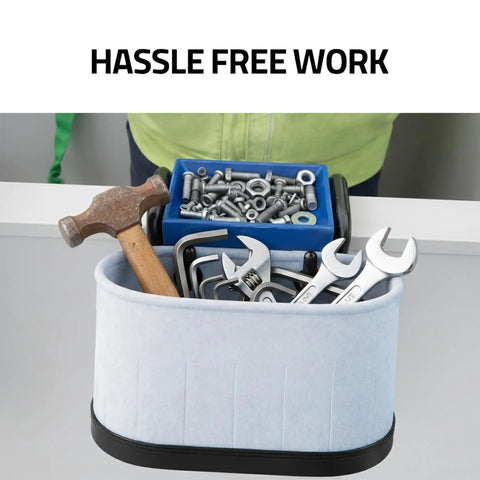 Blue Hard Hat Lineman Bucket Tray With Slick Patented Ramp And Magnetic Holder For Bucket Truck Lip Mount heavy duty tray holding tools and fasteners.