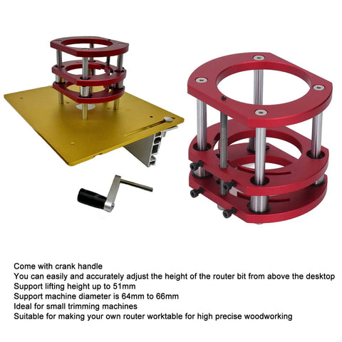 Heavy Duty Router Table Lift System Fits 64 66 Mm Motors with aluminum base and red lift mechanism for precise woodworking.