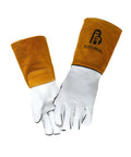 Game Changer 14 Inch Welding Gloves Crafted From Tough Grain Cowhide Leather With Kevlar Stitched Backings And Plush Cotton Liner For Knockout Heat Resistance On Daily Trade Grind, white leather with yellow suede cuffs.
