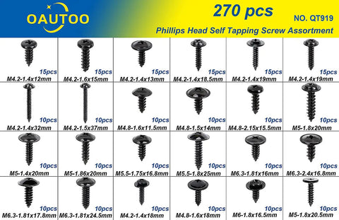 Image of Auto Body Self Tapping Phillips Head Screws Kit With Washer Head 270 Piece Assortment In Sizes 8 10 12 14 for vehicle repairs.