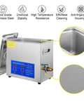 Top Shelf Ultrasonic Cleaner Featuring A Rock Solid 6 Liter Stainless Steel Tank And 200 Watt 40 Khz Heating Function To Kick Stubborn Grime Off Jewelry Glasses Brass And Tools details including control panel and material.