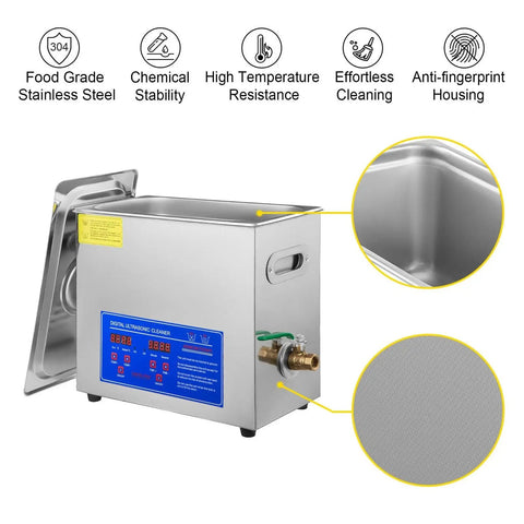 Top Shelf Ultrasonic Cleaner Featuring A Rock Solid 6 Liter Stainless Steel Tank And 200 Watt 40 Khz Heating Function To Kick Stubborn Grime Off Jewelry Glasses Brass And Tools details including control panel and material.