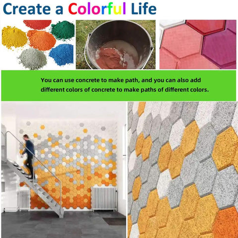 Colorful hexagonal concrete path and wall using Reusable Honeycomb Concrete Mold Set For Walkways And Stepping Stones DIY Paver Path.
