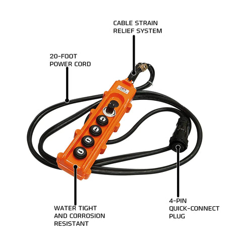 Four Button Pendant Controller For Electric Hoist And Trolley, 24V, 20 Foot Cord, 4 Pin Quick Connect, heavy duty design