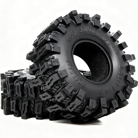 1.3 Inch RC Crawler Tires Mud Slingers X Soft Sticky Compound For 1/24 And 1/18 Scale Rigs, 72mm by 28mm, tread design visible