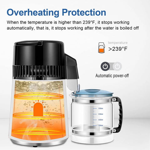 1 Gallon Water Distiller Timeable With 304 Stainless Steel Filter And CNC Timing LCD Display demonstrating overheating protection.